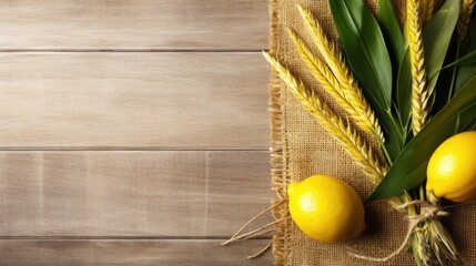 Composition of Sukkot symbols: palm, lemon, willow, myrtle, etrog. Lulav on jute fabric and wood background with a copy space. - obrazy, fototapety, plakaty