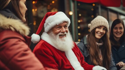 Fototapeta premium happy old man wearing Santa outfit smiling talking with family at restaurant, happy Christmas family time, Generative Ai