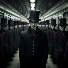 a man wearing a top hat and standing in a train