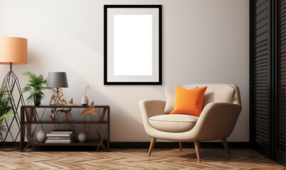 Wall art painting frame hanging on the wall in a modern home, The inside of the wall art has a white background, This frame can be used as a wall art mockup