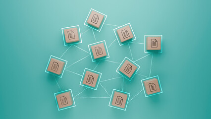 Distributed documentation system illustrated with wooden blocks on teal background, networked information management, interconnected data and file management concept
