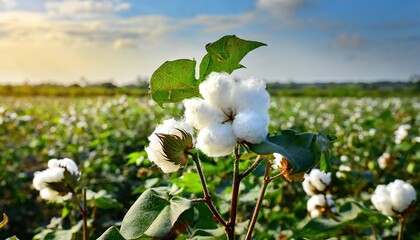 A blossoming organic white natural cotton plant in a sustainable field Scientific name Gossypium - obrazy, fototapety, plakaty