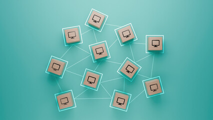 Computer network connectivity concept illustrated with wooden blocks on teal background, IT infrastructure layout, integrated systems and technology framework