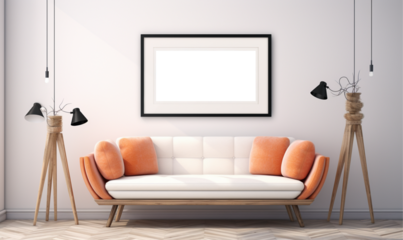 Wall art painting frame hanging on the wall in a modern home, The inside of the wall art has a white background, This frame can be used as a wall art mockup