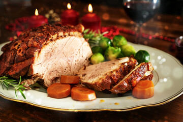 Christmas ham or roast pork with crispy fat crust, served with vegetables on a dark wooden table...