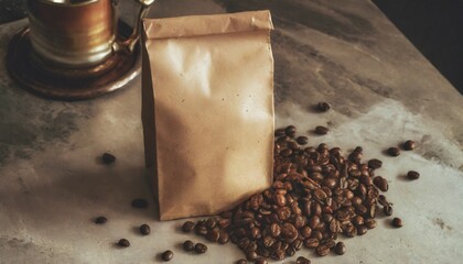 brown coffee paper bag packaging mockup with spilled coffee beans 