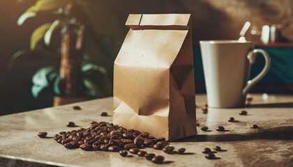 brown coffee paper bag packaging mockup with spilled coffee beans 