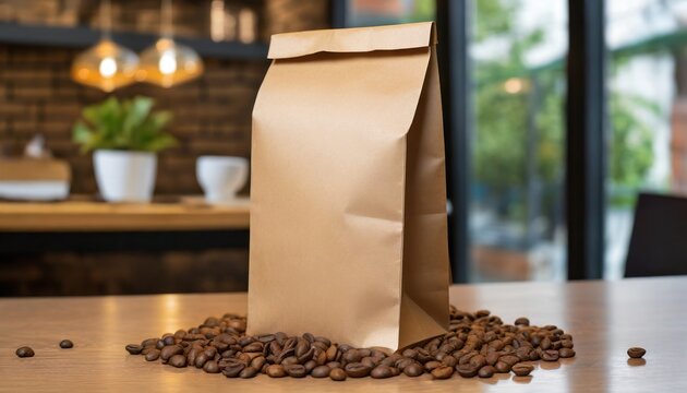 Brown Coffee Paper Bag Packaging Mockup With Spilled Coffee Beans 