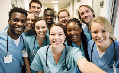 Group of doctors and nurses taking selfie in hospital corridor