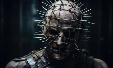 Halloween horror costume, wire head cage, actor  - obrazy, fototapety, plakaty
