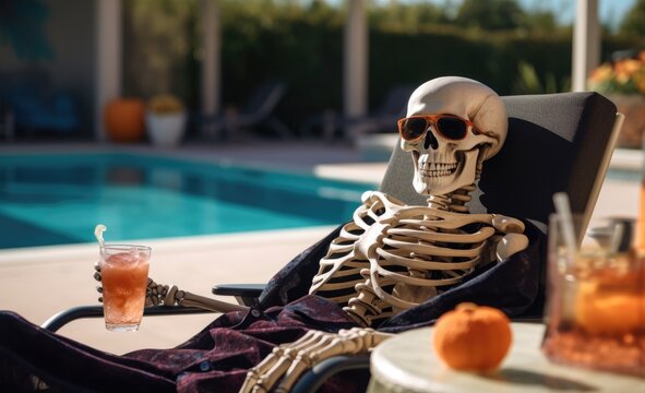 skeleton with a drink and sunglasses lounging by pool, tropical