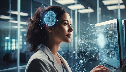  woman is using a neural interface device for computing