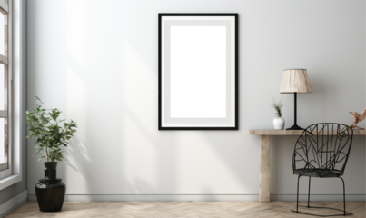 Wall art painting frame hanging on the wall in a modern home, The inside of the wall art has a white background, This frame can be used as a wall art mockup