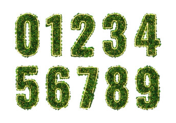 Alphabet 3d numbers. Set. Green plant, glowing neon leaves, grass, moss, basil, mint. isolated on a transparent background. Png. 3d illustration.