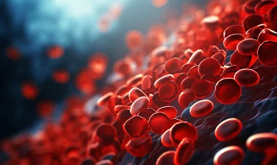 Fotobehang Ruby-hued cells circulating within the human system. An excess of blood cells. Drifting unbound. Inside the human structure. Life biology, microbial analysis, internal anatomy. © Sergii
