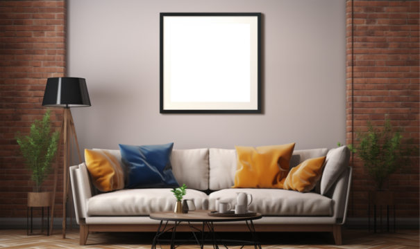 Wall art painting frame hanging on the wall in a modern home, The inside of the wall art has a white background, This frame can be used as a wall art mockup