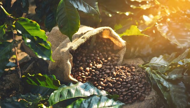 Beautiful light, the vigor of coffee beans, among coffee bushes, open bag with coffee beans slices of green leaves 