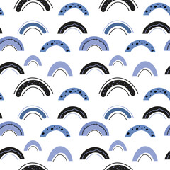 Blue rainbows doodle seamless pattern. Scandinavian concept for fabric design.