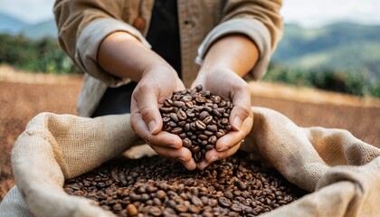 Closeup hands and person holding coffee beans from a harvest bag used in farming, agriculture