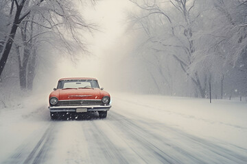 Orange retro car without a driver near the road. Heavy snowfall. Danger on the road.