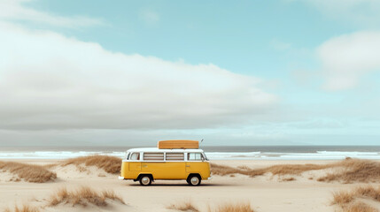 Vintage yellow van on the beach with cloudy sky on background, retro