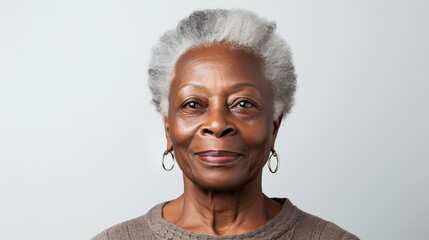 Close-up portrait of mature old black woman with short haircut isolated on white background, african-american lady with gray hair smiling. Copy space. AI generated  - obrazy, fototapety, plakaty