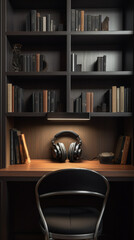 Bookshelves with modern headphones. AI Generated