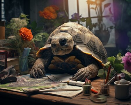 a turtle sitting on a table with a book and flowers
