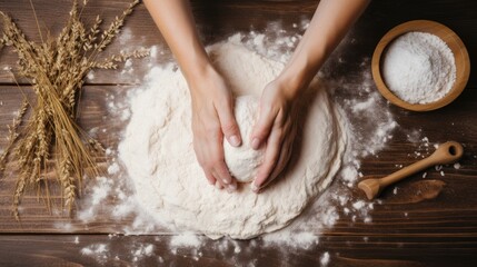 woman hands preparing dough top down view 