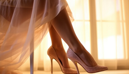legs in shoes. bride , woman trying on high heels