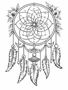 coloring pages for kids, Dream catcher and floating dream bubbles , white and black Illustration