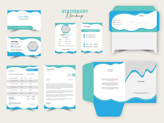 Stationery mockup vector set with trendy abstract graphics design.Template for business and respectable company. Office stationary items mockup - editable template. Company corporate style design.

