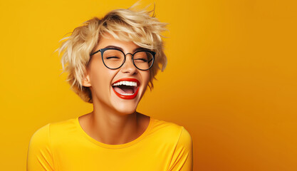 Portrait of a young laughing woman with blond short hairstyle. Isolated over yellow background.