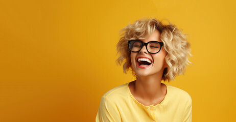 Portrait of a young laughing woman with blond short hairstyle. Isolated over yellow background.