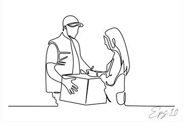 continuous line vector illustration design of a courier handing over a package delivery