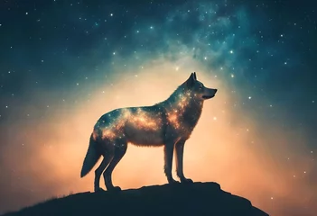 Foto op Aluminium double exposure of wolf and stars © OMAR