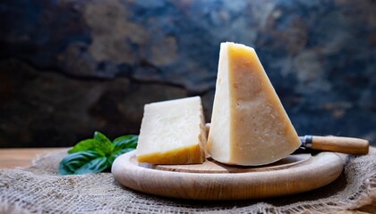 Italian cheese collection, matured pecorino romano hard cheese made from sheep melk, Italian pecorino cheese on a wooden rustic display - obrazy, fototapety, plakaty