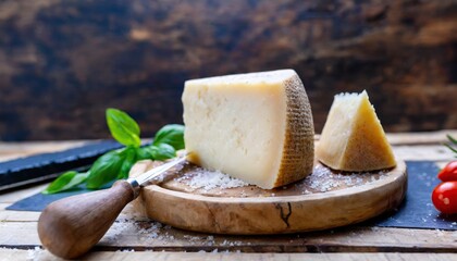 Italian cheese collection, matured pecorino romano hard cheese made from sheep melk, Italian pecorino cheese on a wooden rustic display