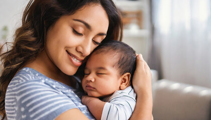 Loving mom carying of her newborn baby at home. Bright portrait of happy mum holding sleeping infant child on hands - obrazy, fototapety, plakaty