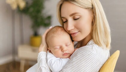 Loving mom carying of her newborn baby at home. Bright portrait of happy mum holding sleeping infant child on hands - obrazy, fototapety, plakaty