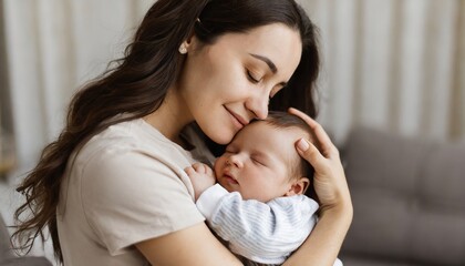 Fototapeta na wymiar Loving mom carying of her newborn baby at home. Bright portrait of happy mum holding sleeping infant child on hands