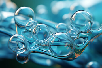 A detailed view highlights proteins appearing like separate small bubbles, intricately linked by fine amino acid threads.