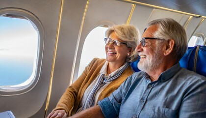 Senior couple on an airplane ready for vacation