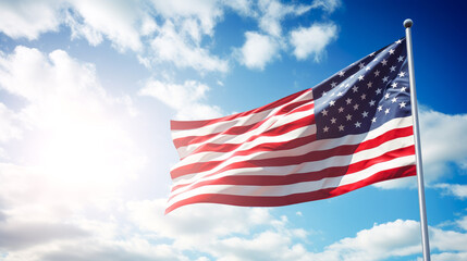 Obraz premium American flag waving in the blue sky.