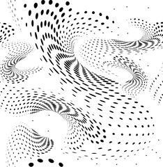 Dotted halftone seamless pattern with multidirectional swirls and curves. Transparent background. Vector.
