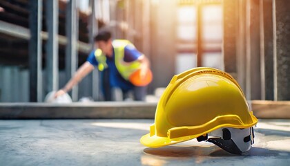  Yellow hard safety helmet hat for safety project of workman as engineer or worker, on concrete floor in construction site