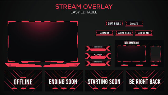 Red and black abstract Stream Gaming facecam overlay, panel, alerts, background element design
