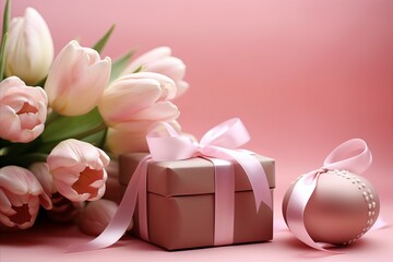 Pink Tulips Bouquet and Gift Box on Pink Background - Perfect for Gifting and Celebrations