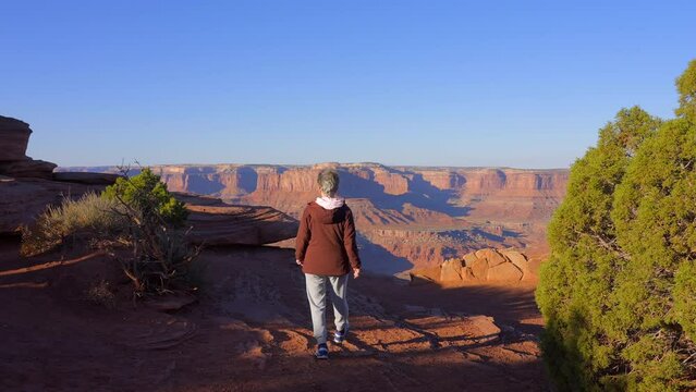 Establishing shot of female tourist over mountains with red rocks in Overlook Dead Horse Point, Capital Reef National Park, Utah, North America. Day time on October 2023. Still camera view. ProRes 422