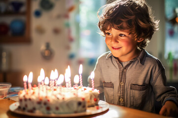 Cute little boy celebrating his birthday and blowing out candles on a cake - Powered by Adobe